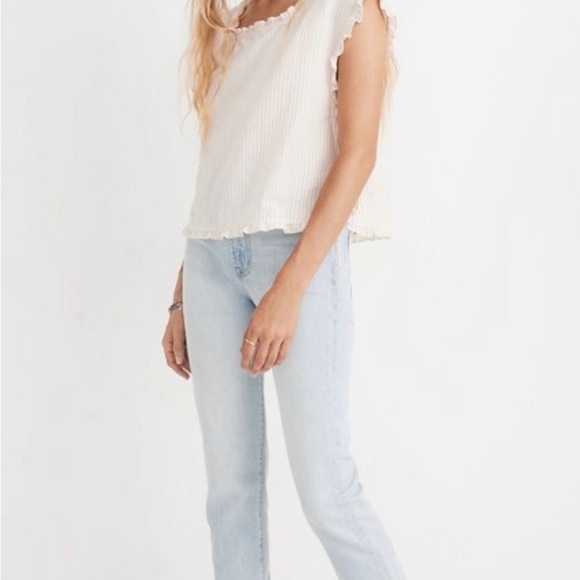 Madewell Women's Ruffle Trim Side Tie Boxy Fit Striped Shirt Top Size Small Boho - Picture 2 of 11